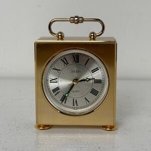 Linden Quartz Alarm Travel Clock Gold Tone Roman Numeral Face Handle Japan